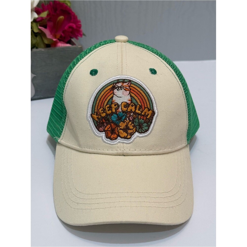Cat Lady 70s Style Keep Calm Mesh Trucker Hat Cap Green Cream SnapBack Cotton